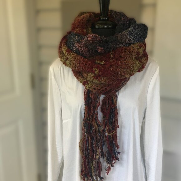 Hand Crocheted Red Tan Purple Pink Blue Boucle Extra Long Net Fringed Scarf - Picture 4 of 15